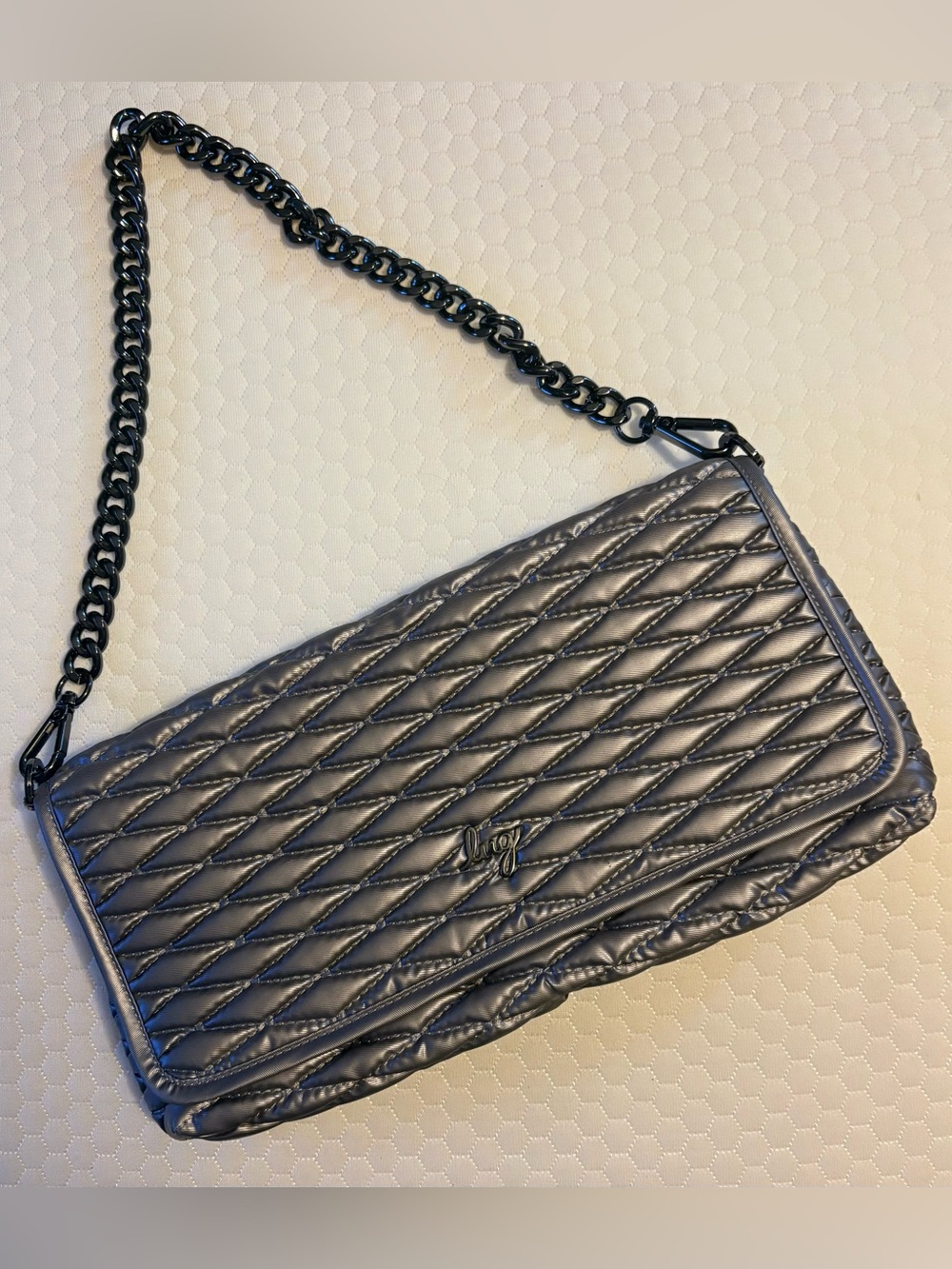 LUG Strut Metallic Silver Quilted Shoulder Bag Gunmetal Chain
